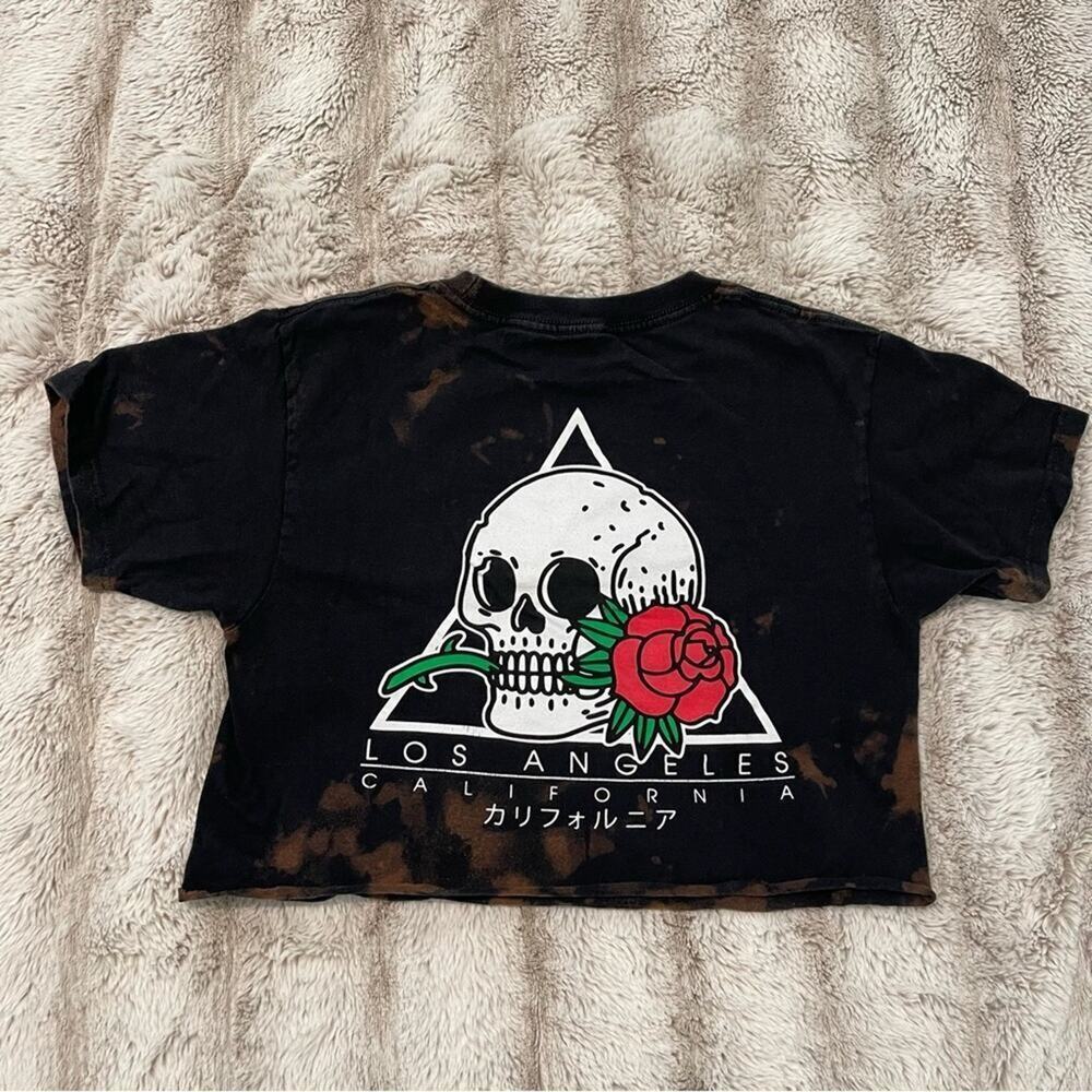 💐 SCW Skull & Rose Black Bleach Upcycled Cropped Top